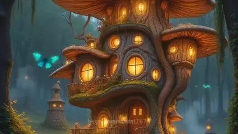 Animated whimsical mushroom house with glowing windows, nestled in a lush green forest with butterflies.