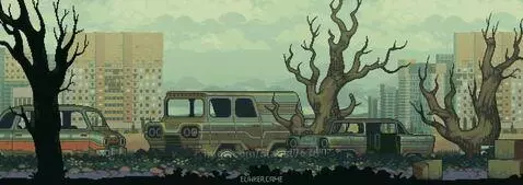 Pixel art scene of an abandoned city with overgrown vegetation, rusty vehicles, and blocky buildings under a cloudy sky.
