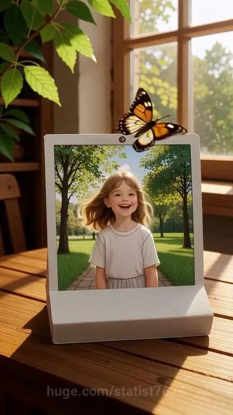 Young girl with light brown hair smiling and waving in a sunny park, with a butterfly near a digital screen.