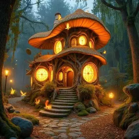 A whimsical mushroom-shaped house with glowing windows, set in a vibrant green forest with a stone path and fireflies.