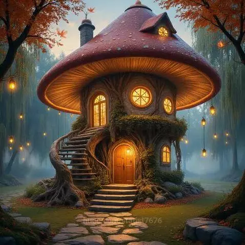 Mushroom-shaped house with glowing windows and lanterns in a misty autumn forest.