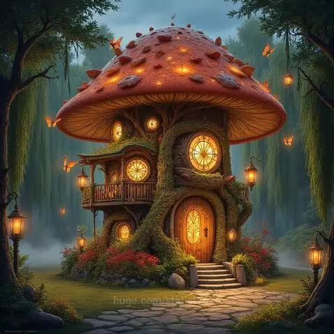 A charming, multi-level mushroom house with a red roof, glowing windows, and butterflies in a misty forest.
