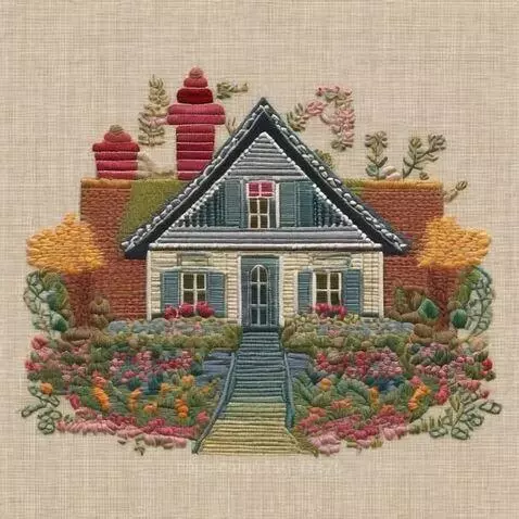 Detailed embroidery of a house with a dark roof, light walls, blue shutters, and a lush garden with colorful flowers and trees.