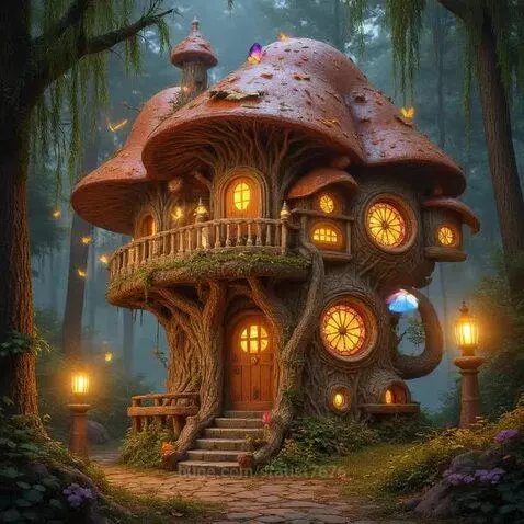 A magical mushroom house with glowing windows nestled in a misty, enchanted forest with butterflies.