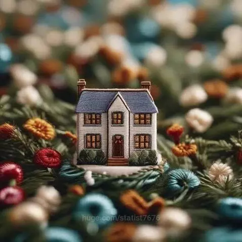 A detailed embroidered miniature house with white walls and a blue roof, surrounded by green foliage and colorful spherical decorations.