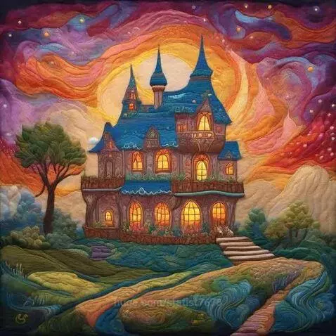 Animated quilt-style house with glowing windows, a prominent tree, and a path, set against a swirling sunset sky with stars and clouds.