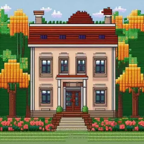 Vibrant pixel art illustration of a two-story house with a red roof, green foliage, and colorful flowers.