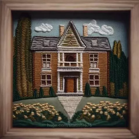 Framed embroidery artwork of a cozy two-story house with a gabled roof, balcony, and steps, set amidst trees and flowers.