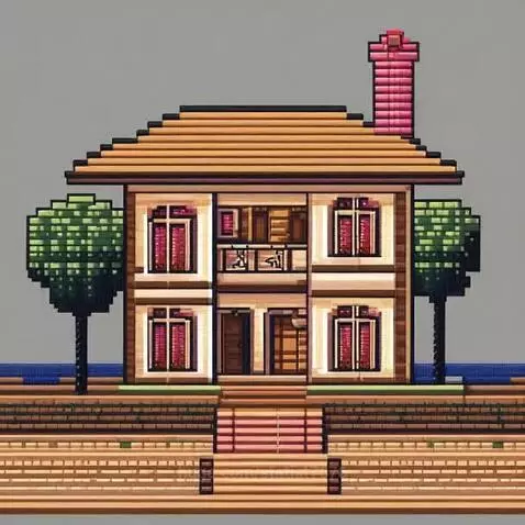Pixel art of a two-story house with a brown roof, pink chimney, green trees, blue water, and brown ground with steps.