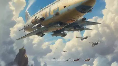 Retro-futuristic multi-engine aircraft flying in a bright blue sky with smaller planes.