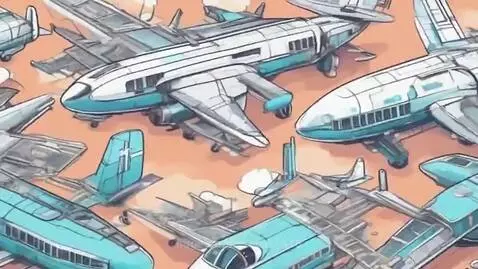 Stylized cartoon airplanes in light blue, white, and grey on a tarmac, viewed from above.