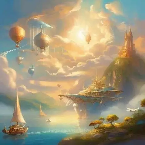 Fantasy landscape with glowing clouds, futuristic city, airships, castles, sailboats, and a small airplane.