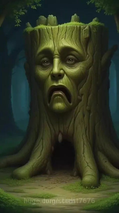 Close-up of a mossy tree stump with a carved human face showing a sad expression in a dark forest.