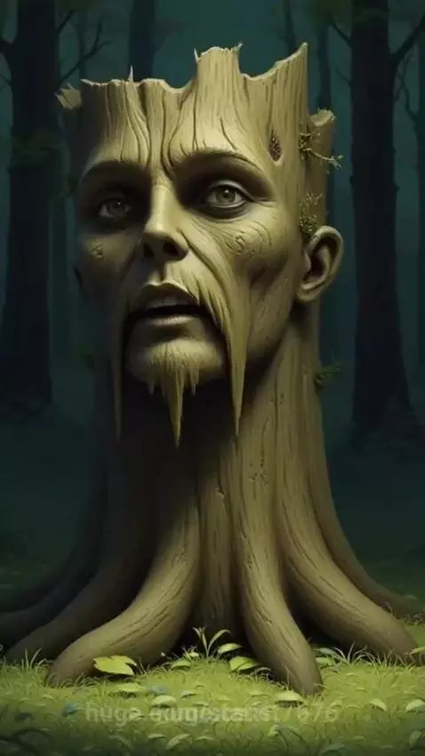 Close-up of a tree stump carved to resemble an old man's face with a beard, set against a dark, misty forest background.