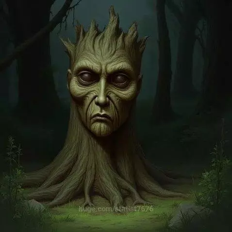 Ancient tree stump with a carved human face, set in a dark, misty forest with spreading roots.