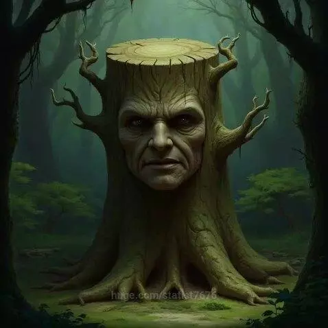 Ancient tree stump with a carved human face in a mystical, dark forest setting.
