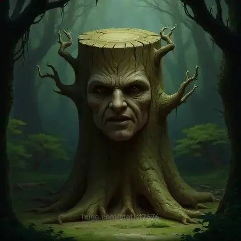 Ancient tree stump with a stern human face carved into its trunk, set in a dark, mystical forest.