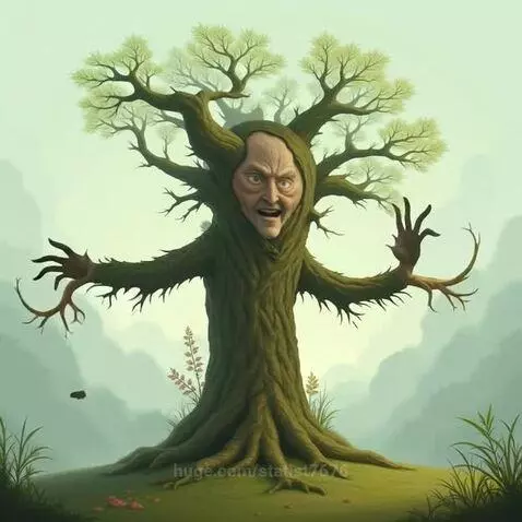 Anthropomorphic tree with a human face in its trunk, gnarled branches, and light green leaves.