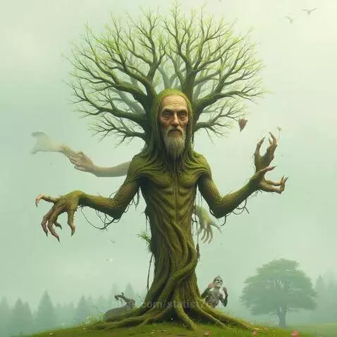 Anthropomorphic tree creature with an old man's face and beard, standing in a misty forest with ghostly arms.