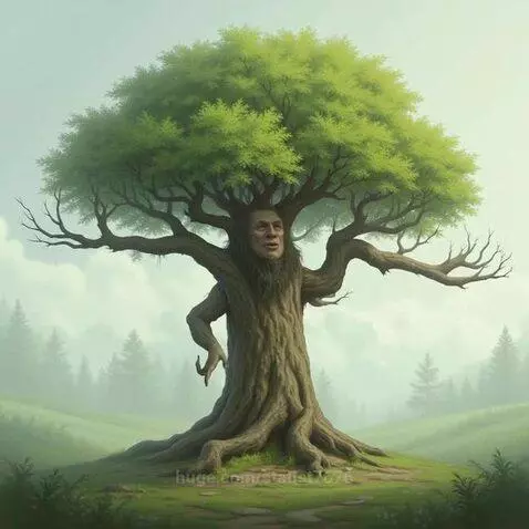 A large green tree with a human face and arms on its trunk, set in a misty forest landscape.