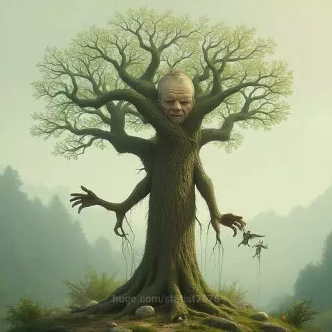 Surreal tree with an aged human face in its trunk, branches like arms, holding small winged creatures.