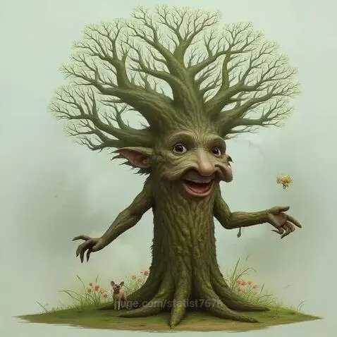 Whimsical anthropomorphic tree with a friendly human face, mossy trunk, and bare branches, standing on grass with flowers.