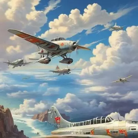 Animated painting of vintage propeller planes flying over a cloudy sky above an ocean with islands.