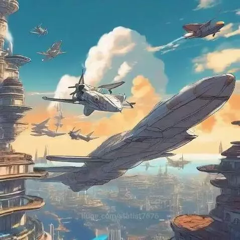 Sleek white and orange jet airplane taking off in a futuristic city with many flying vehicles.