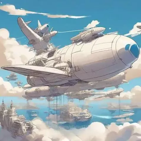 Animated futuristic sky cities with large, white aircraft flying through a bright blue sky with clouds.