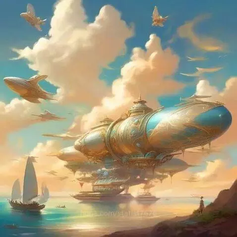 Ornate steampunk airship and whale-like flying vehicles soar through a vibrant, colorful fantasy sky above a calm sea.
