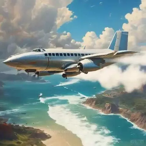 Digital painting of a silver propeller plane flying over a tropical coastline with blue sky and clouds.