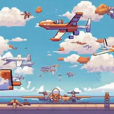 Pixel art animation of airplanes flying in a bright blue sky with clouds, and parked on a runway by water.