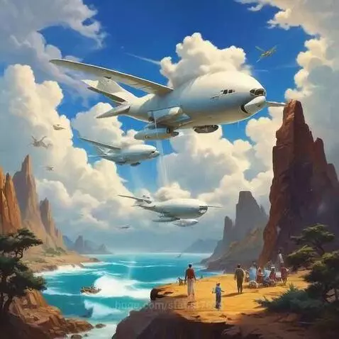 Futuristic blimp-like aircraft flying over a golden cliff and turquoise ocean in a fantastical landscape painting.