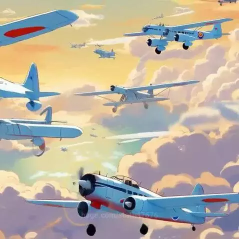 Animated stylized airplanes in various formations flying through a colorful cloudy sky during sunrise or sunset.