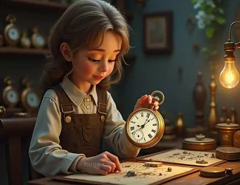 Young girl with light brown hair examining a golden pocket watch at a desk with mechanical parts and clocks in the background.
