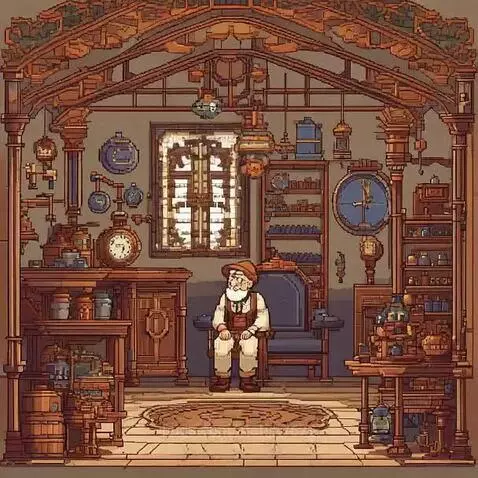Pixel art illustration of an elderly inventor in a cozy, cluttered workshop with many clocks and mechanical details.