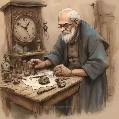 Elderly man with white beard and glasses working on clock parts at a wooden table in a workshop.