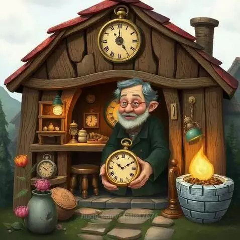 Old man with white beard holding a golden pocket watch outside a rustic house adorned with many clocks.