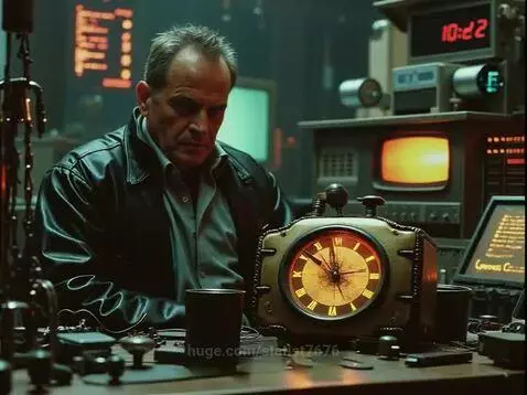 Man in a leather jacket focused on a large, ornate steampunk clock with glowing hands in a lab with retro electronic devices.