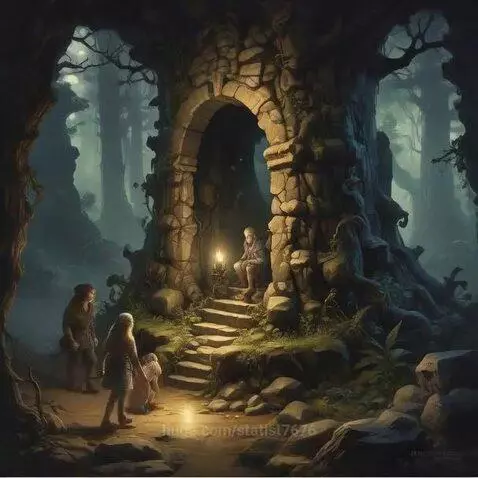 Mystical forest at night with a stone archway, a figure inside, and travelers approaching.