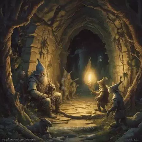 Gnome-like figures gathered in a dimly lit cave, one holding a glowing light source.