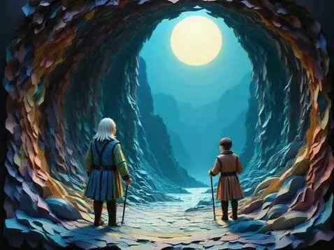 Two figures in tunics stand at a colorful cave entrance, looking out at a moonlit landscape with distant mountains.