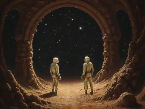 Two astronauts in white spacesuits stand on a rocky alien planet, looking through a large archway at a star-filled sky.