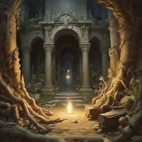 Ancient overgrown ruin entrance with gnarled roots, a glowing light, and a mystical owl emerging.