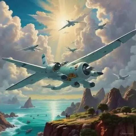 Digitally painted twin-engine propeller plane flying over a scenic coastal landscape with cliffs and ocean.