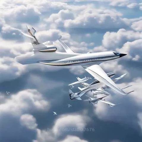Futuristic white jet with gold accents and smaller unique aircraft flying in a cloudy sky.