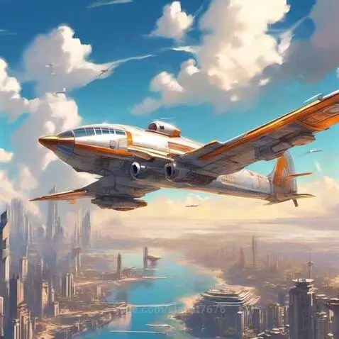 A large, futuristic white and orange airplane flying over a modern city with skyscrapers and a river.