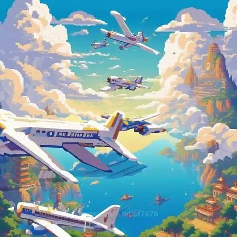Pixel art animation of white airplanes flying through a blue sky with clouds, over a landscape with Asian-style buildings and mountains.