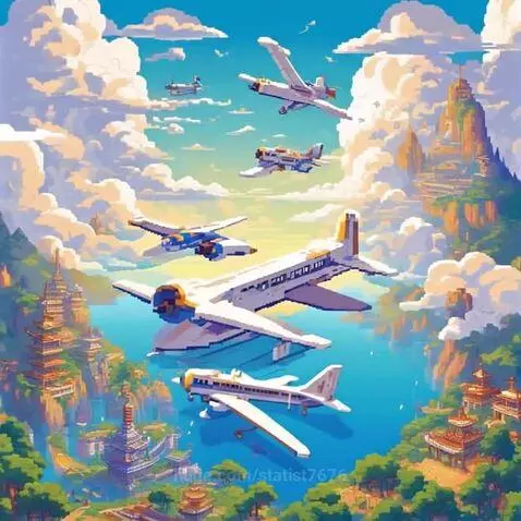 Pixel art animation showing various airplanes flying over mountains, traditional Asian buildings, and water under a blue sky.