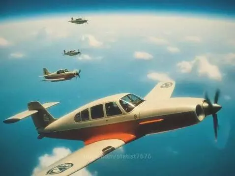 Four single-engine propeller planes flying in formation against a clear blue sky with scattered clouds.